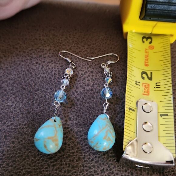 Turquoise and crystal dangle drop statement bohemian earrings - Picture 3 of 3